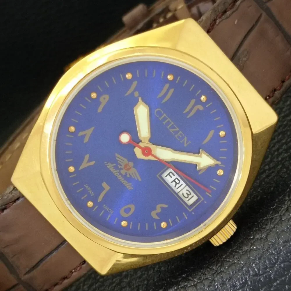 Vintage 1976 Citizen Automatic Mens Gold Watch W/daydate & Blue accents